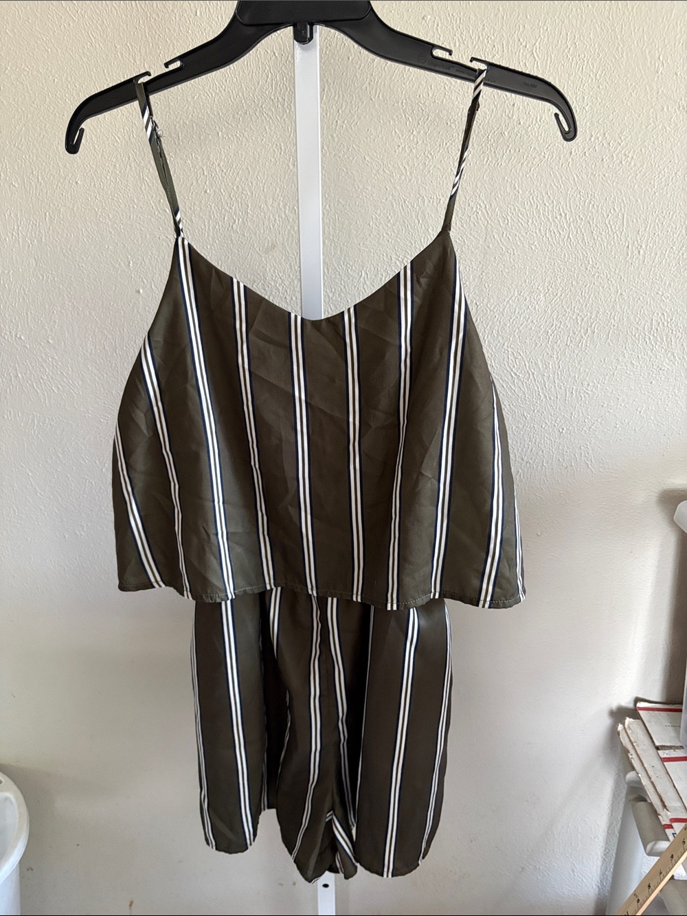 Striped Olive Green Sleeveless Jumpsuit Size Medium